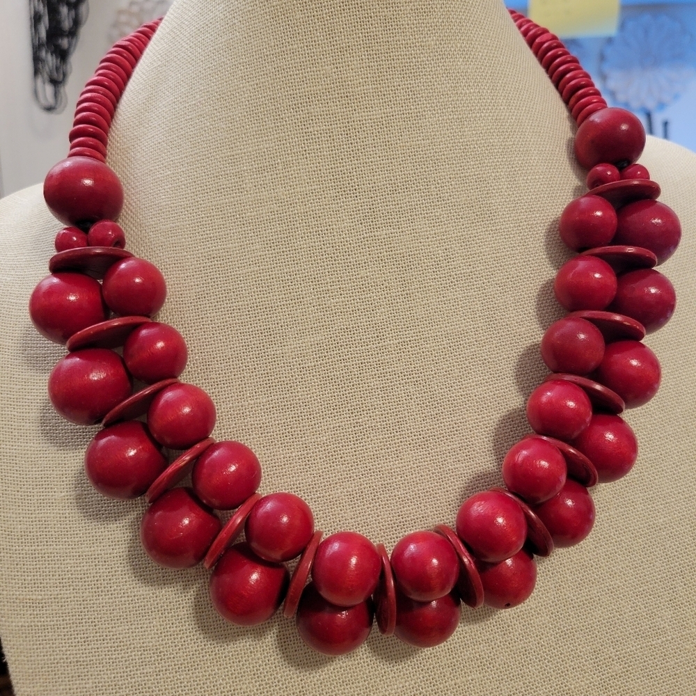 SALE! Cherry Red Beaded Wood Choker Style Necklace